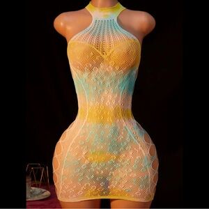 Multi-Color, Aqua & Yellow, Sheer, Lingerie Bodysuit